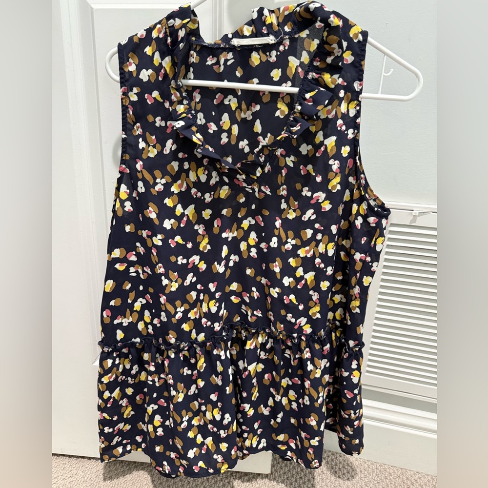 Women's Navy Sleeveless Ruffle Neck Blouse with Cheetah Print